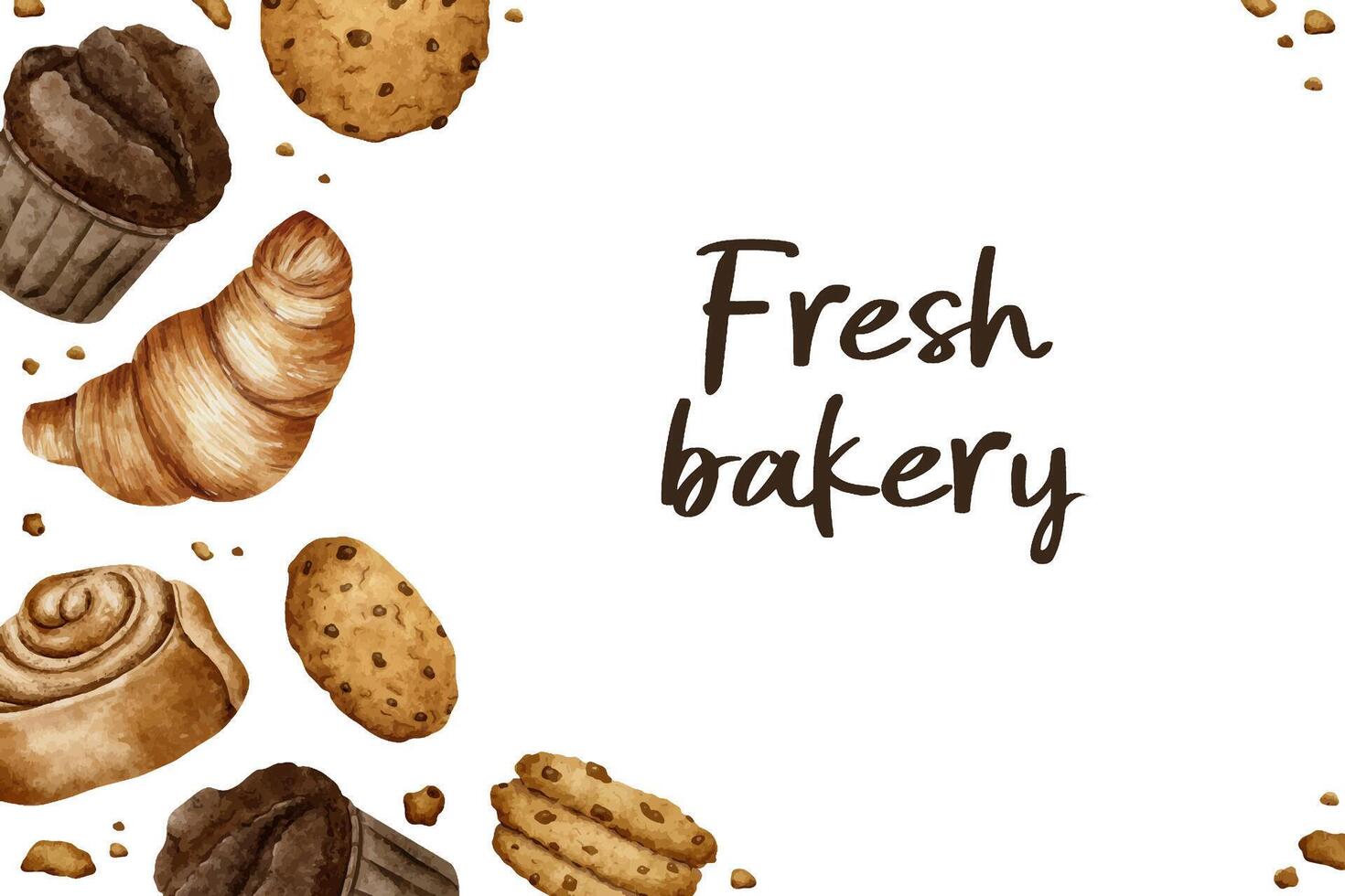 Inscription Fresh bakery, buns and croissant, Spiraled Cinnamon Roll, cookie, muffin. Pastry. Watercolor illustration. Template for bakery bakehouse, cafe, shop, poster, banner, flyer, confectioner. vector