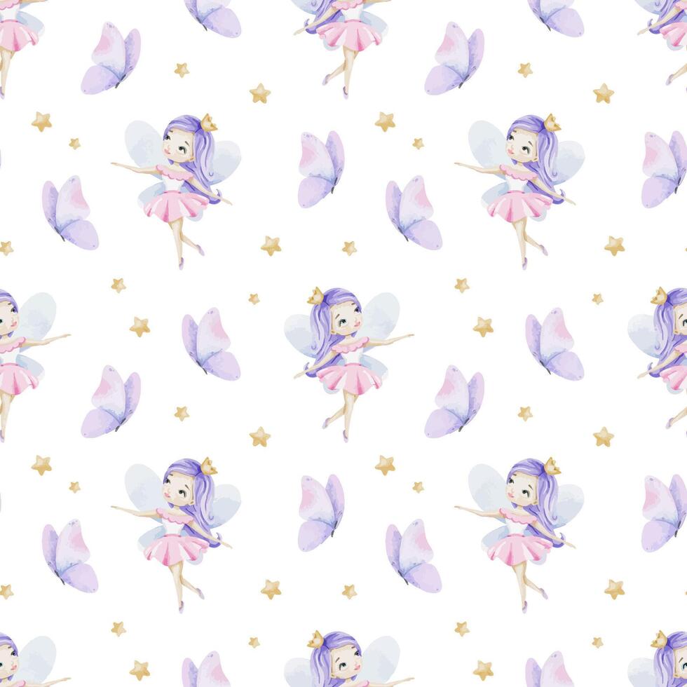 Cute little fairy, butterflies and stars. Children's background. Watercolor baby seamless pattern for design kid's goods, postcards, baby shower and children's room vector