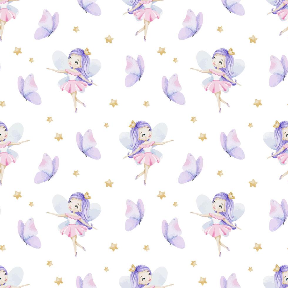 Cute little fairy, butterflies and stars. Children's background. Watercolor baby seamless pattern for design kid's goods, postcards, baby shower and children's room vector