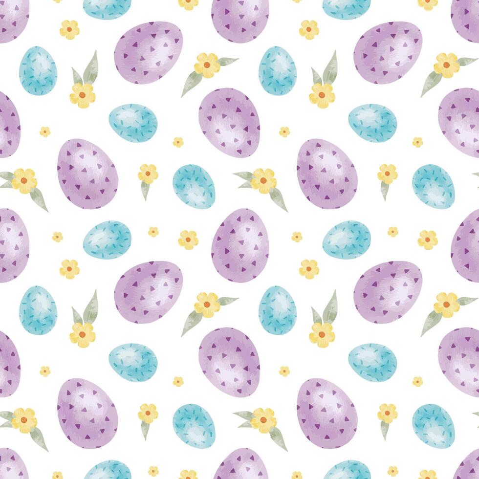 Cute colorful Easter eggs, flowers and leaves. Spring watercolor seamless pattern. Print for Easter decorations. Template for Easter cards, covers, posters, invitations vector