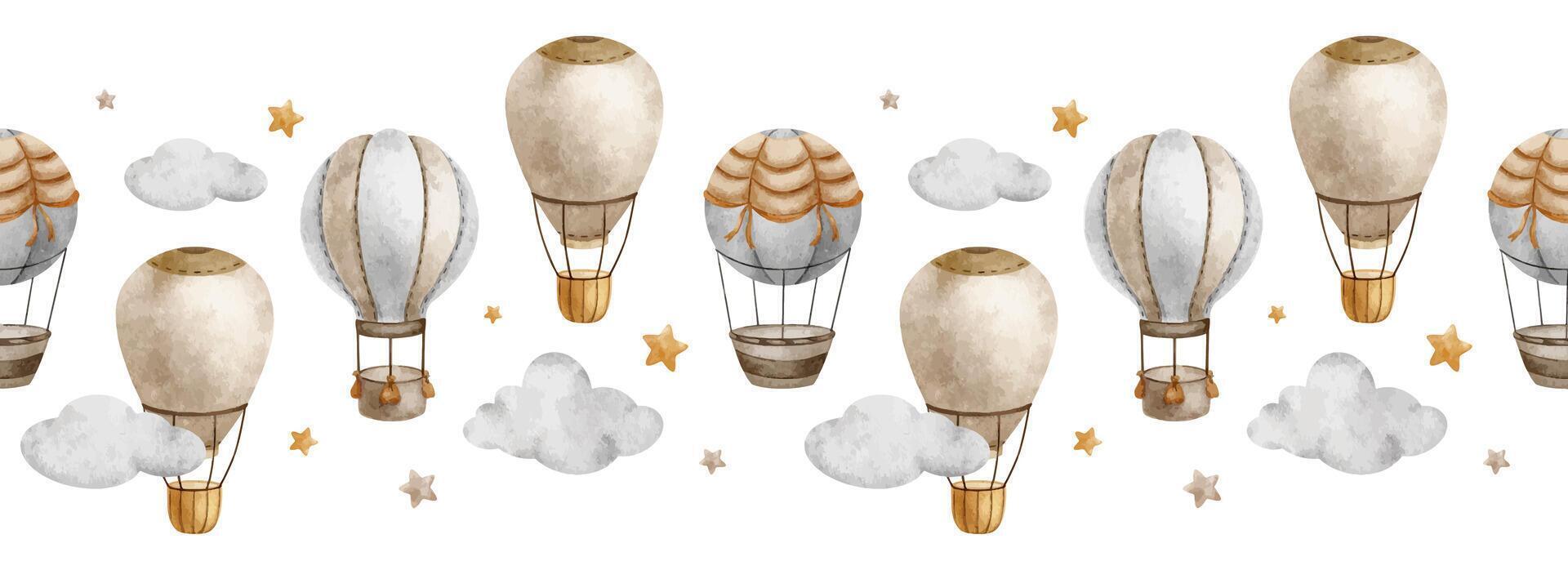 Beige Hot Air Balloons, clouds and stars. Cute baby seamless border. Children's background. Watercolor frame. Isolated. Design for kid's goods, postcards, baby shower and children's room vector