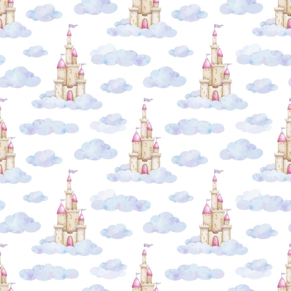 Cute fairy tale castle and clouds. Children's background. Watercolor baby seamless pattern for design kid's goods, postcards, baby shower and children's room vector