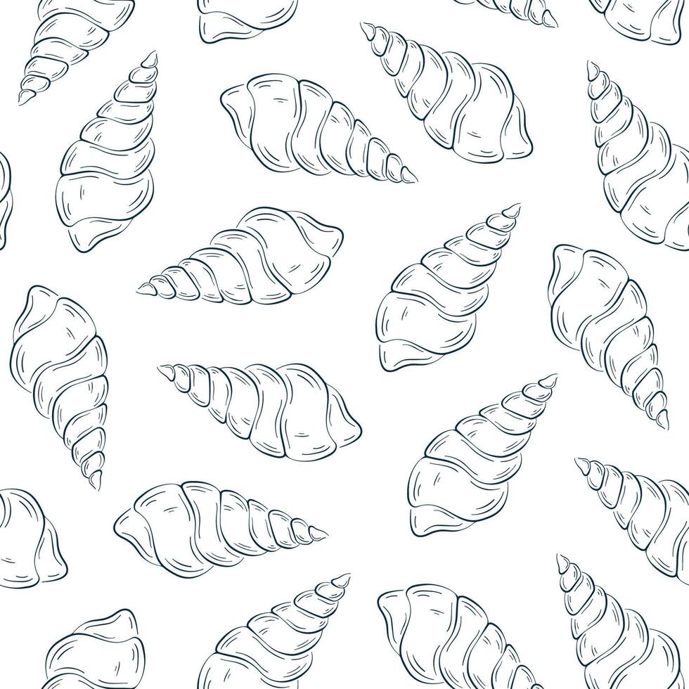 Seashell seamless pattern in flat, line art style. Undersea summer design for textile, package, sea food restaurant. Vector illustration on a white background.