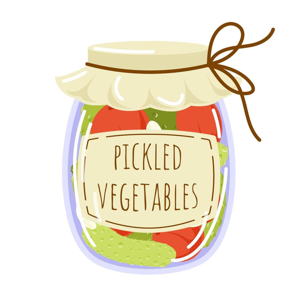 Homemade canned vegetables in flat style. Glass jars with homemade pickles. Vector illustration isolated on a white background.