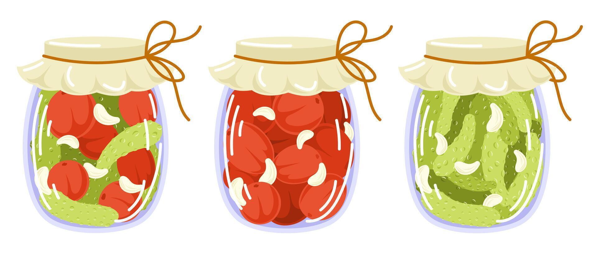 Pickled vegetables set in flat style. Marinated cucumber, tomatoes, garlic. Autumn marinate food. Vector illustration isolated on a white background.