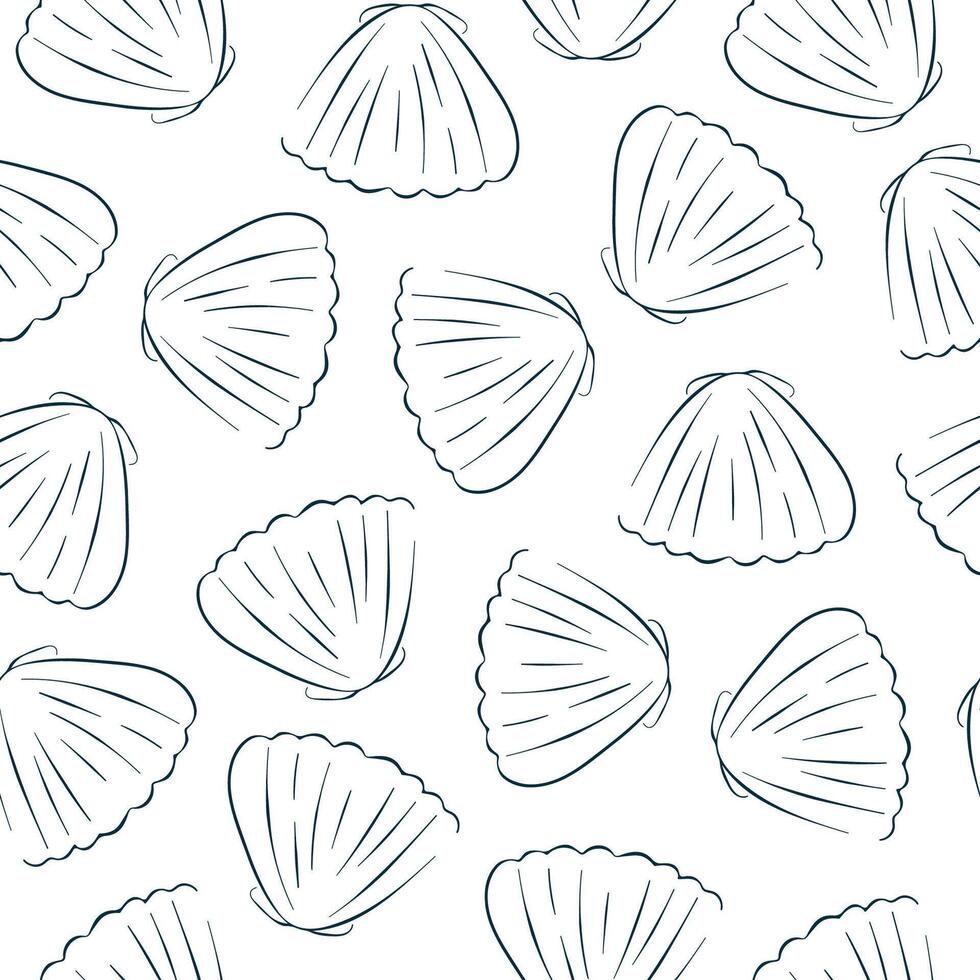 Seamless scallop pattern in line art style. Undersea blue background for printing, textile. Vector illustration on a white.