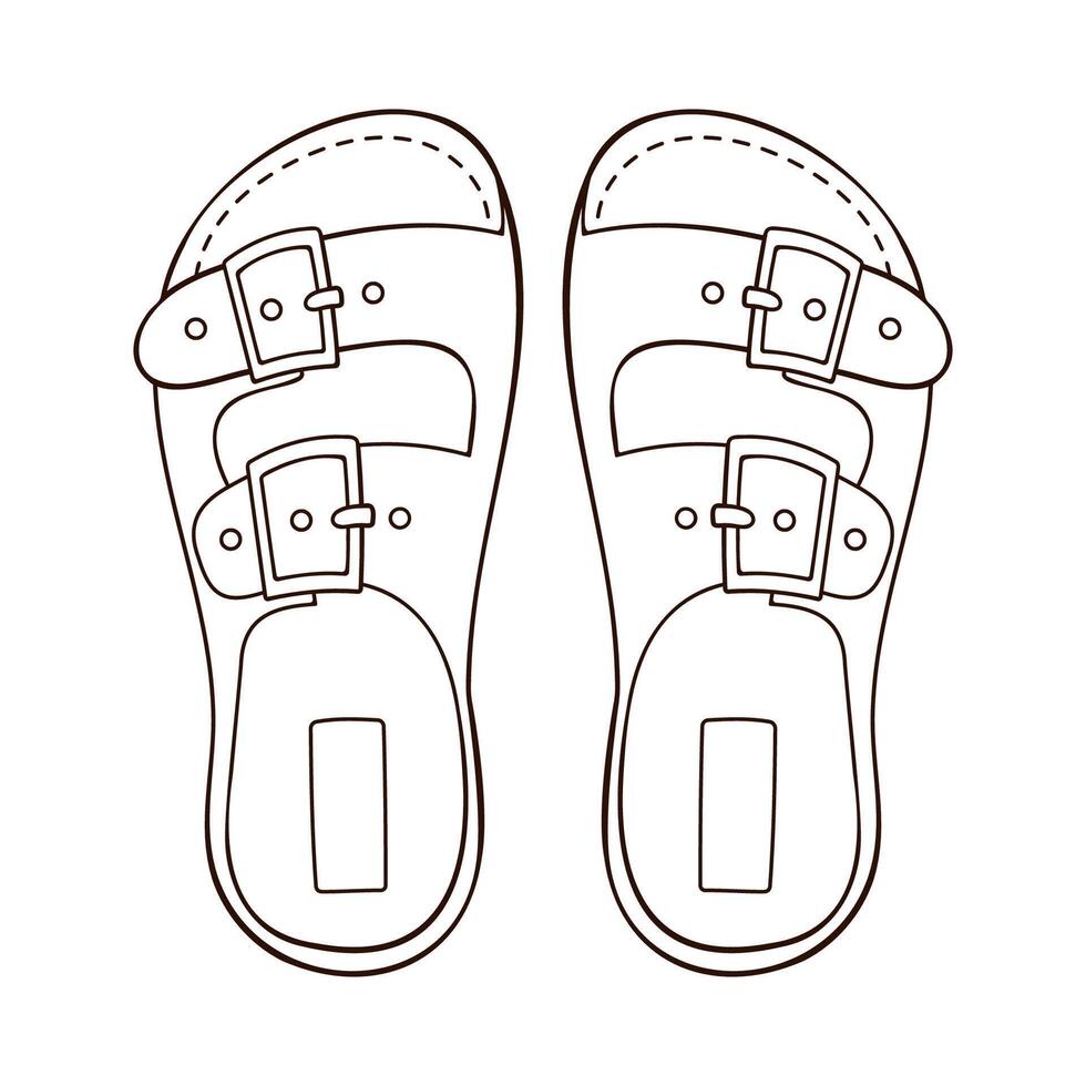 Sandals icon in line art style. Bare foot flippers for man and women. Design for shoes store. Vector illustration isolated on a white background.