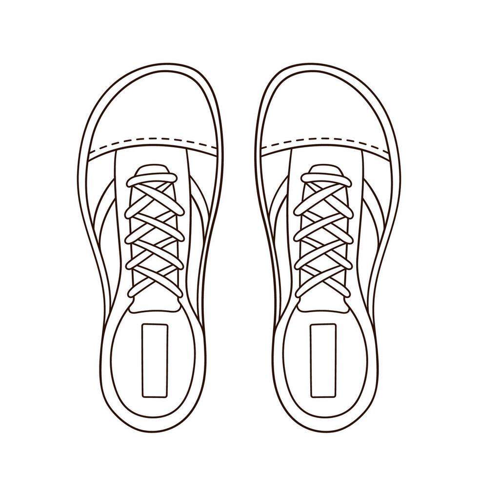 Shoes sneaker casual for male and female in line art style. Footwear hand drawn for shoe store logo. Vector illustration isolated on a white background.