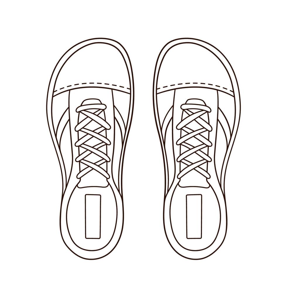 Shoes sneaker casual for male and female in line art style. Footwear hand drawn for shoe store logo. Vector illustration isolated on a white background.