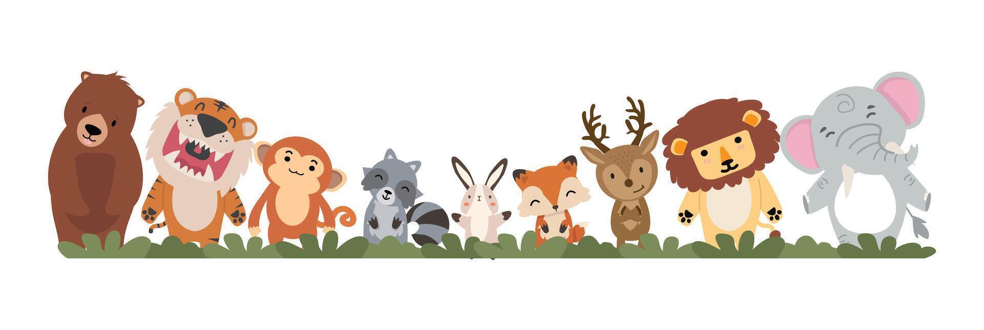 Set of Forest Animals flat doodle cartoon vector