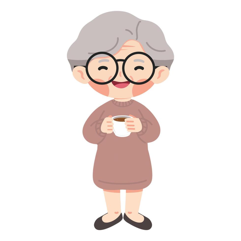 Old woman hold a cup of hot coffee vector