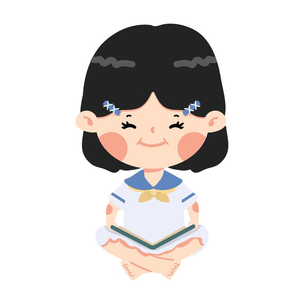 Kid girl sitting reading book vector