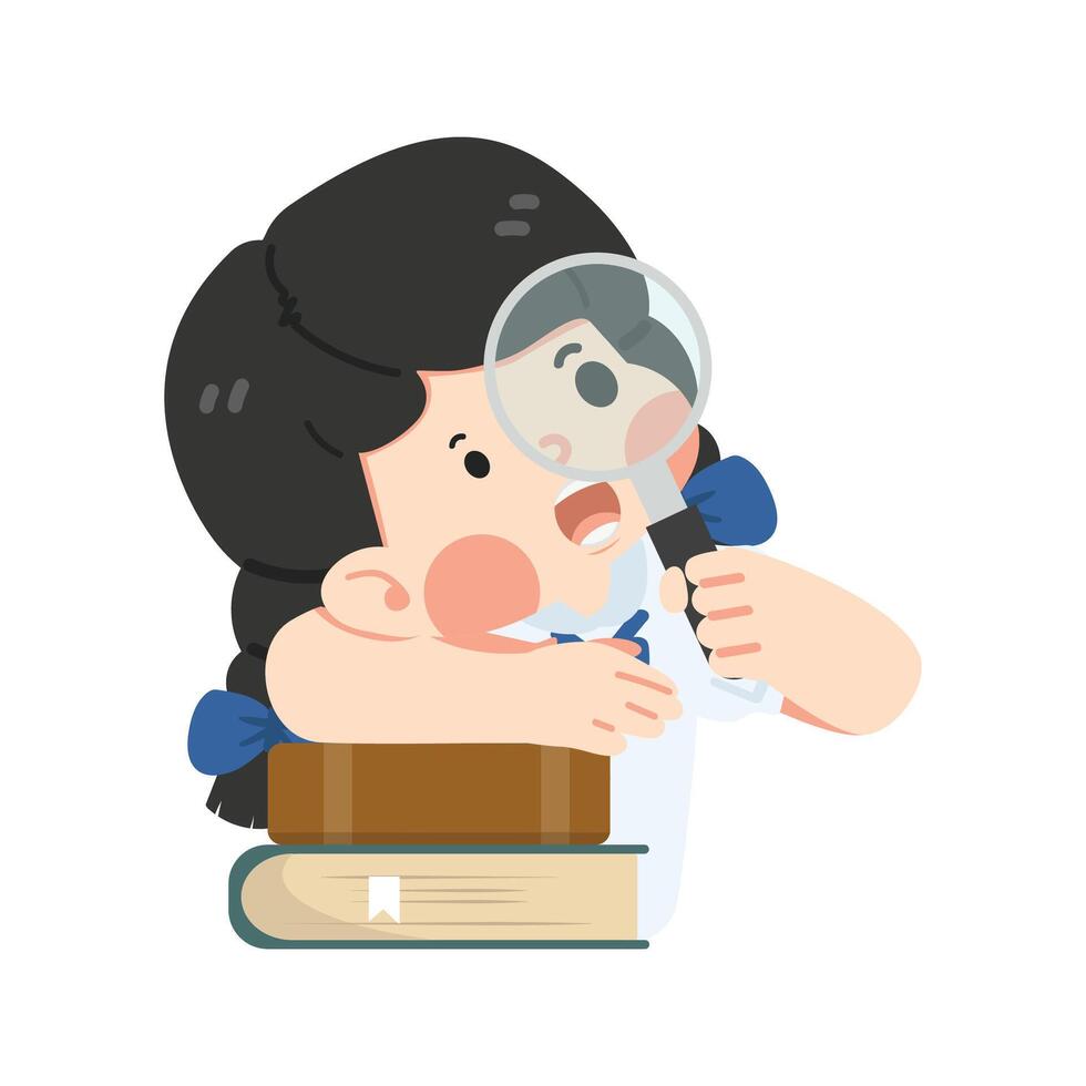 Kid girl student with magnifying glass vector