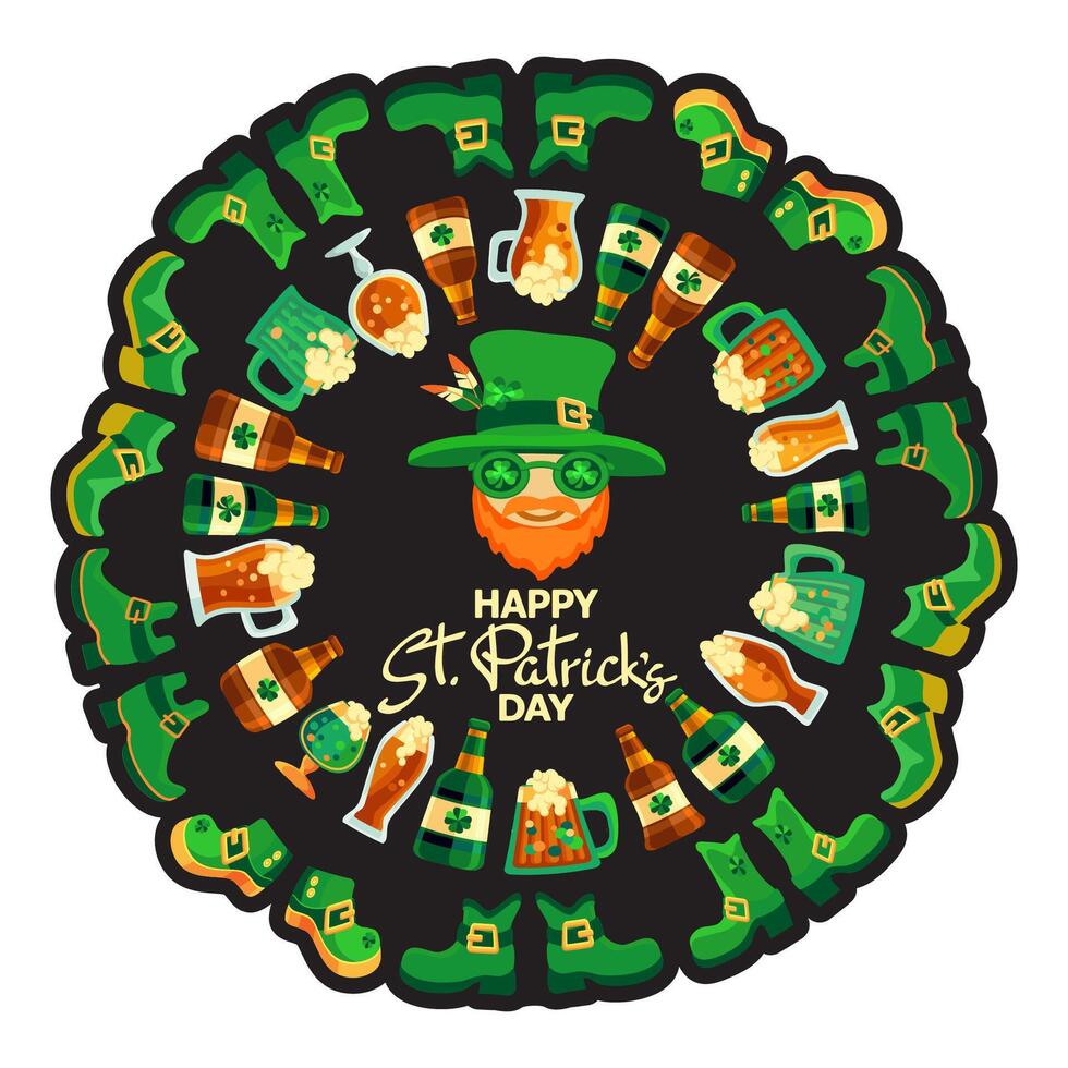 Happy Saint Patricks Day. Hand-drawn lettering, leprechaun, shoes, beer. Vector