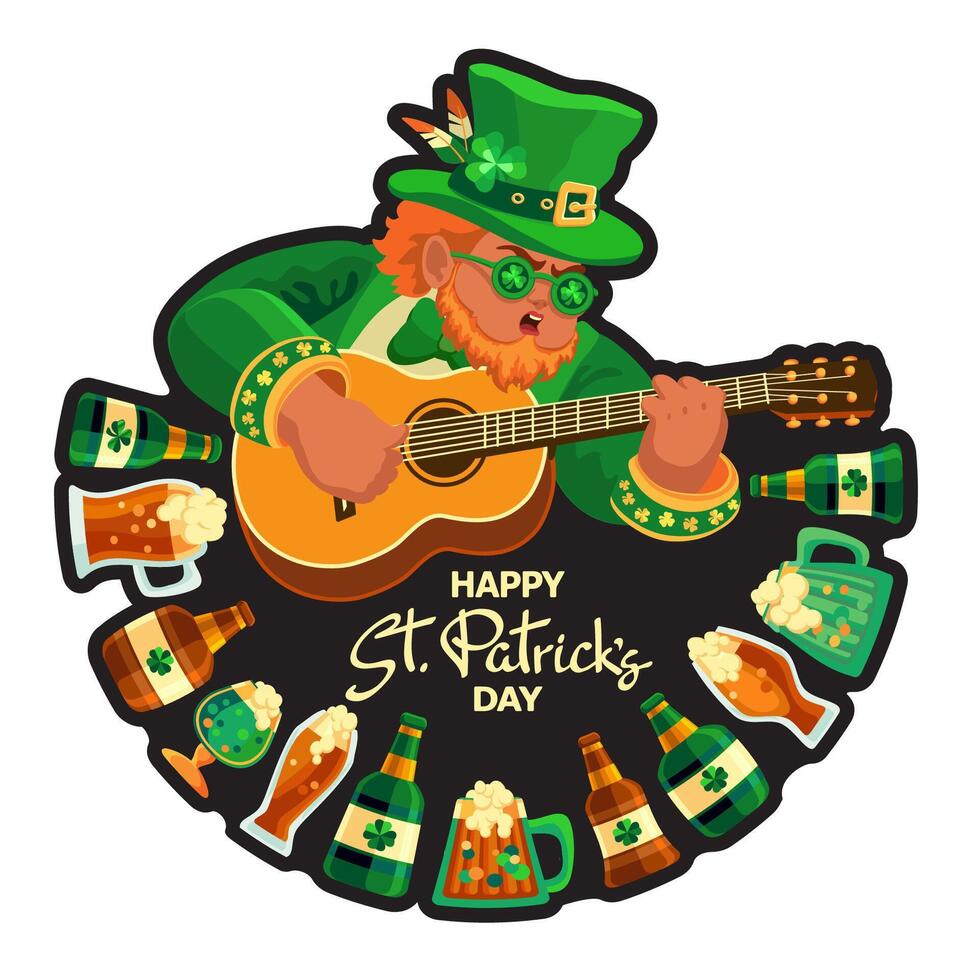 Happy Saint Patricks Day. Leprechaun, guitar, beer. Hand-drawn lettering, Vector