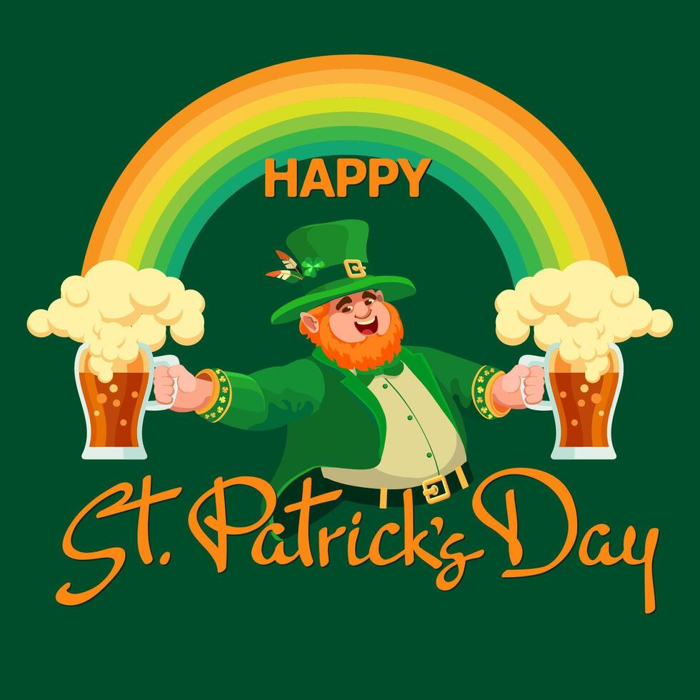 Happy Saint Patricks Day. Hand-drawn lettering, leprechaun, beer, rainbow. Vector. vector