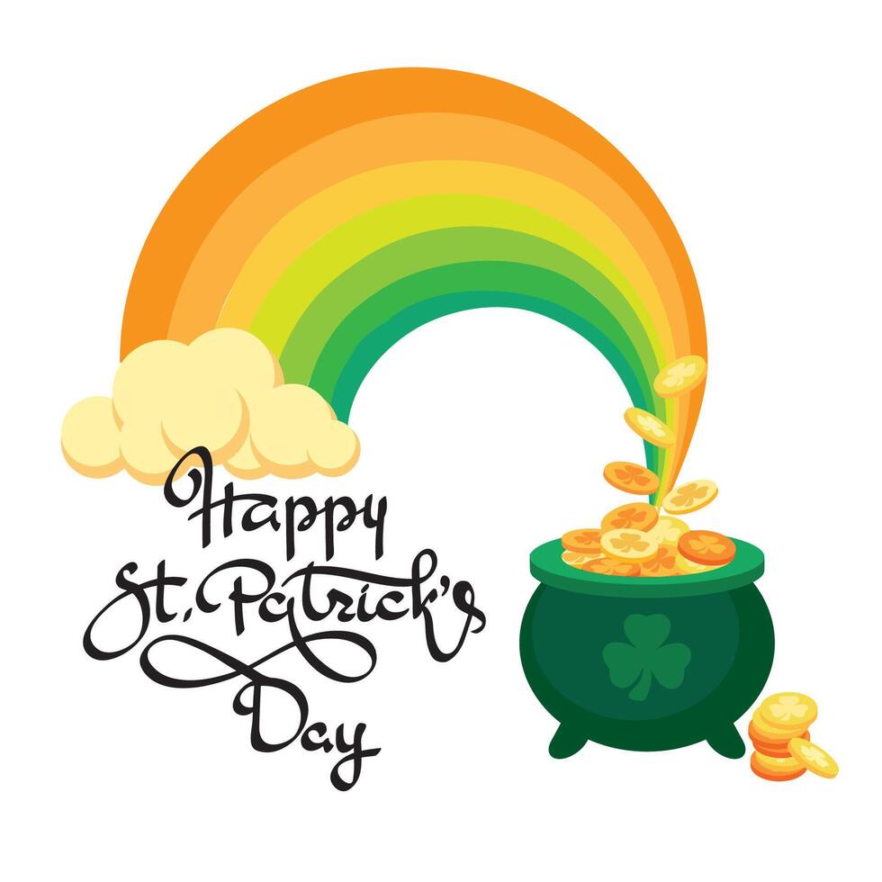 Happy Saint Patricks Day. Hand-drawn lettering, pot, rainbow. Vector illustration.