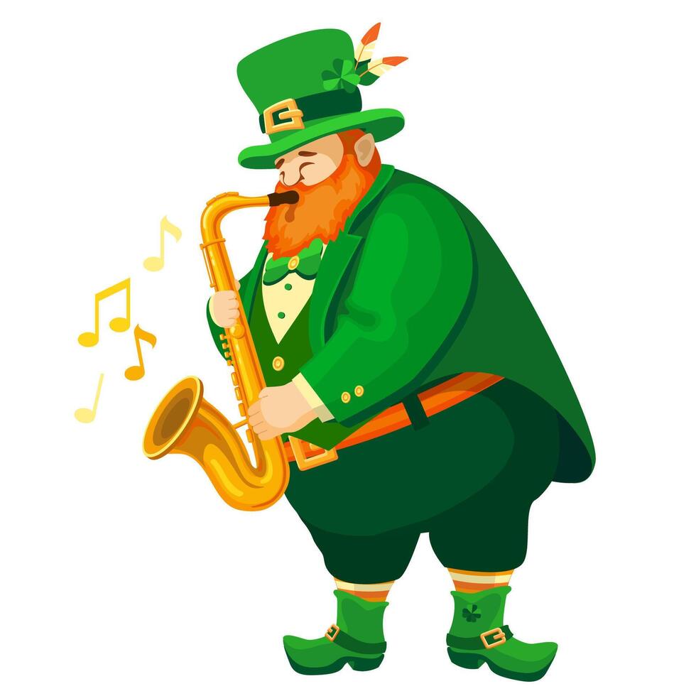 Leprechaun with a saxophone. Funny musician. Cartoon character. Vector. vector