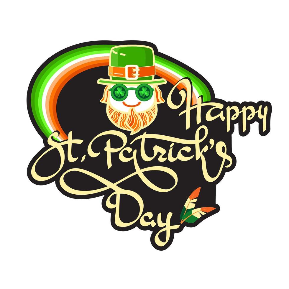 Happy Saint Patricks Day. Hand-drawn lettering, leprechaun,  rainbow. Vector illustration.