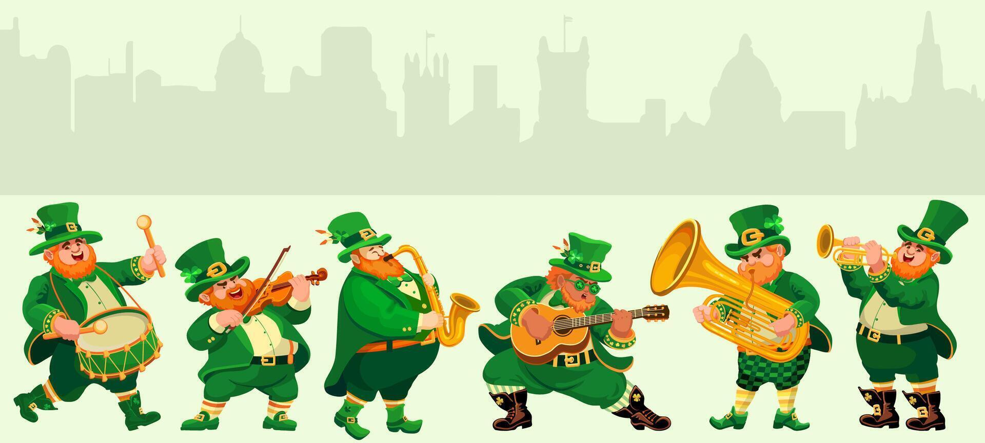 Funny musicians in leprechaun costumes. St. Patricks Day. Vector illustration.