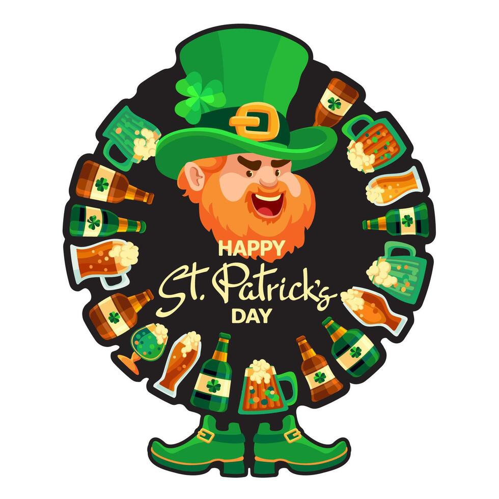 Happy Saint Patricks Day. Hand-drawn lettering, leprechaun, shoes, beer. Vector