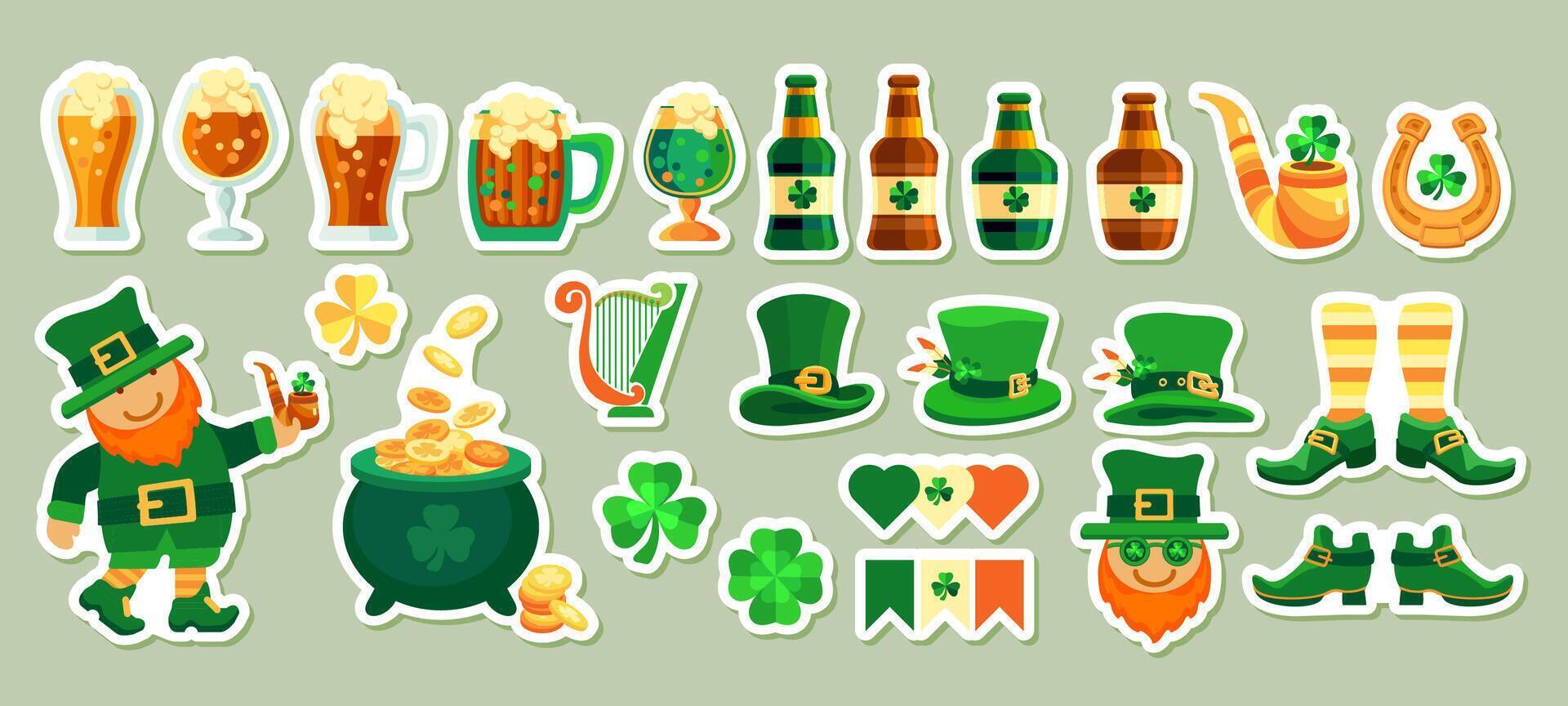 Set of Symbols for St. Patricks Day. Stickers. Vector illustration.
