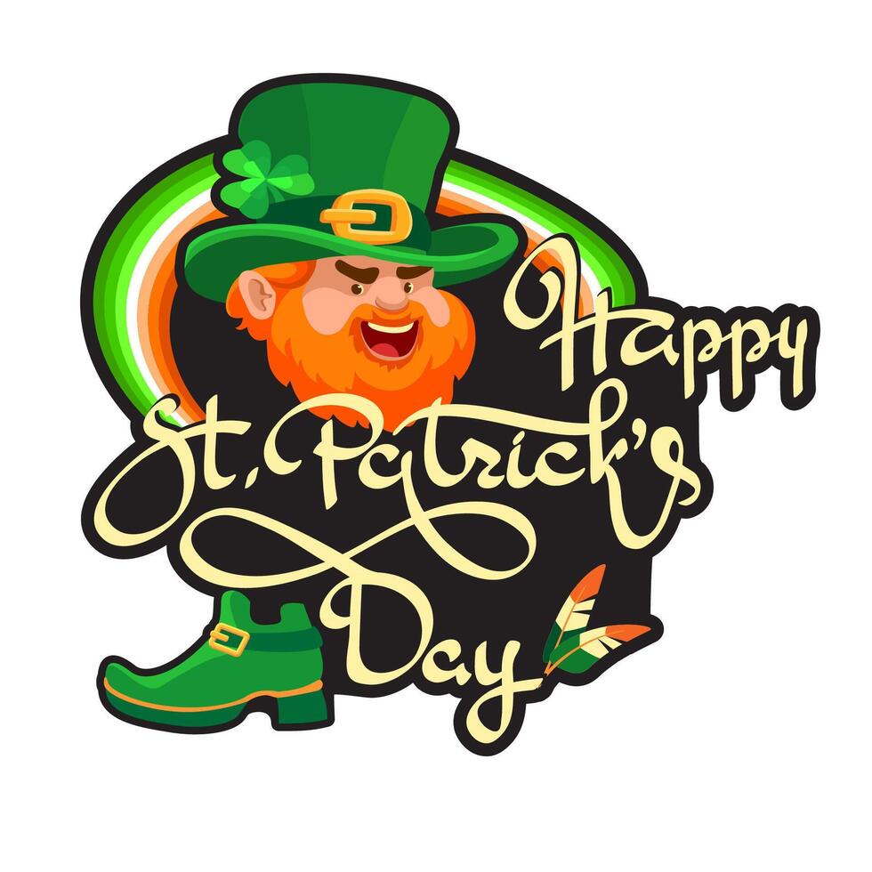 Happy Saint Patricks Day. Hand-drawn lettering, leprechaun, rainbow. Vector illustration.