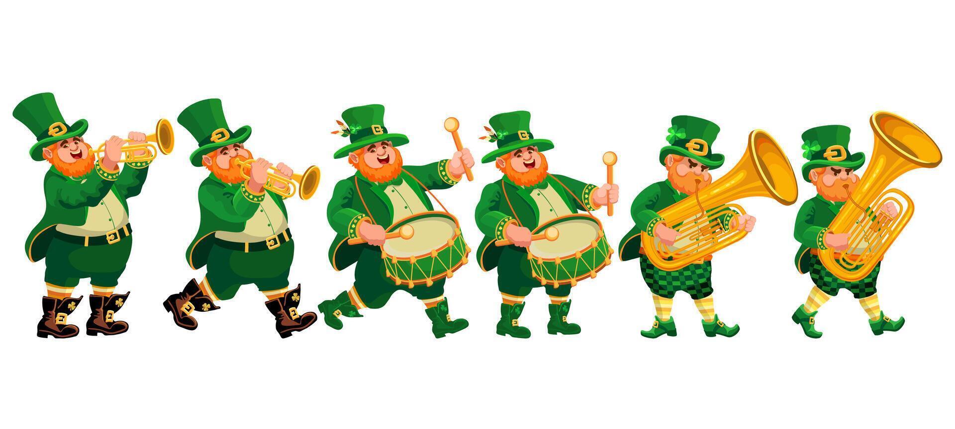 Six funny musicians in leprechaun costumes. St. Patricks Day. Vector. vector