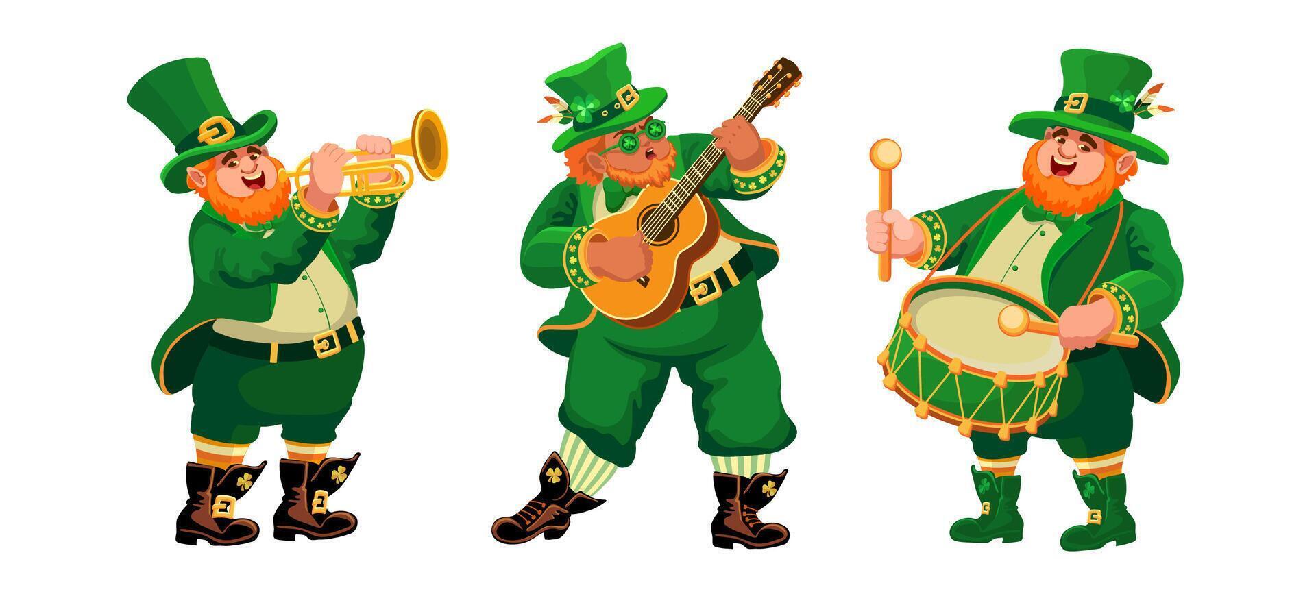 Three funny musicians in leprechaun costumes. St. Patricks Day. Vector. vector