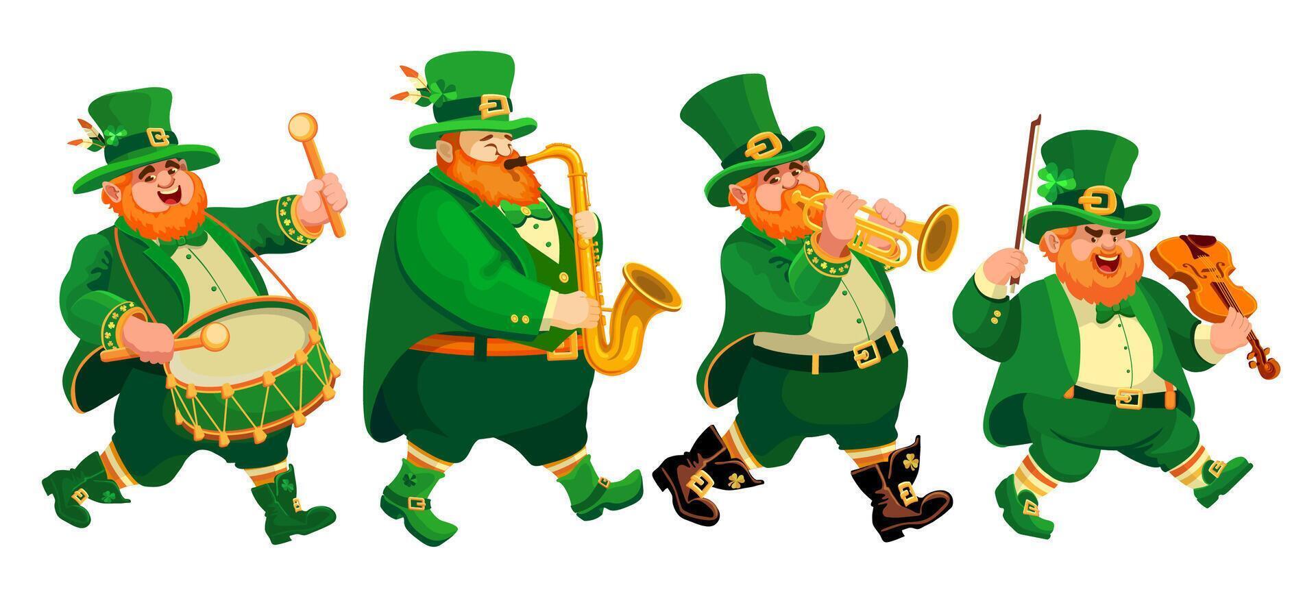 Four funny musicians in leprechaun costumes. St. Patricks Day. Vector. vector