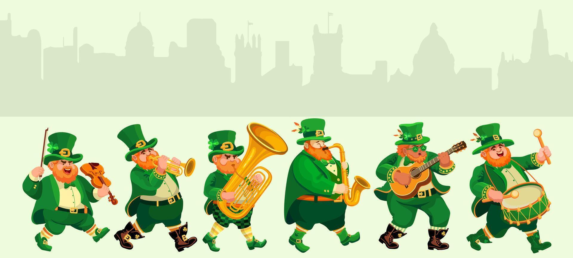 Funny musicians in leprechaun costumes. St. Patricks Day. Vector illustration.