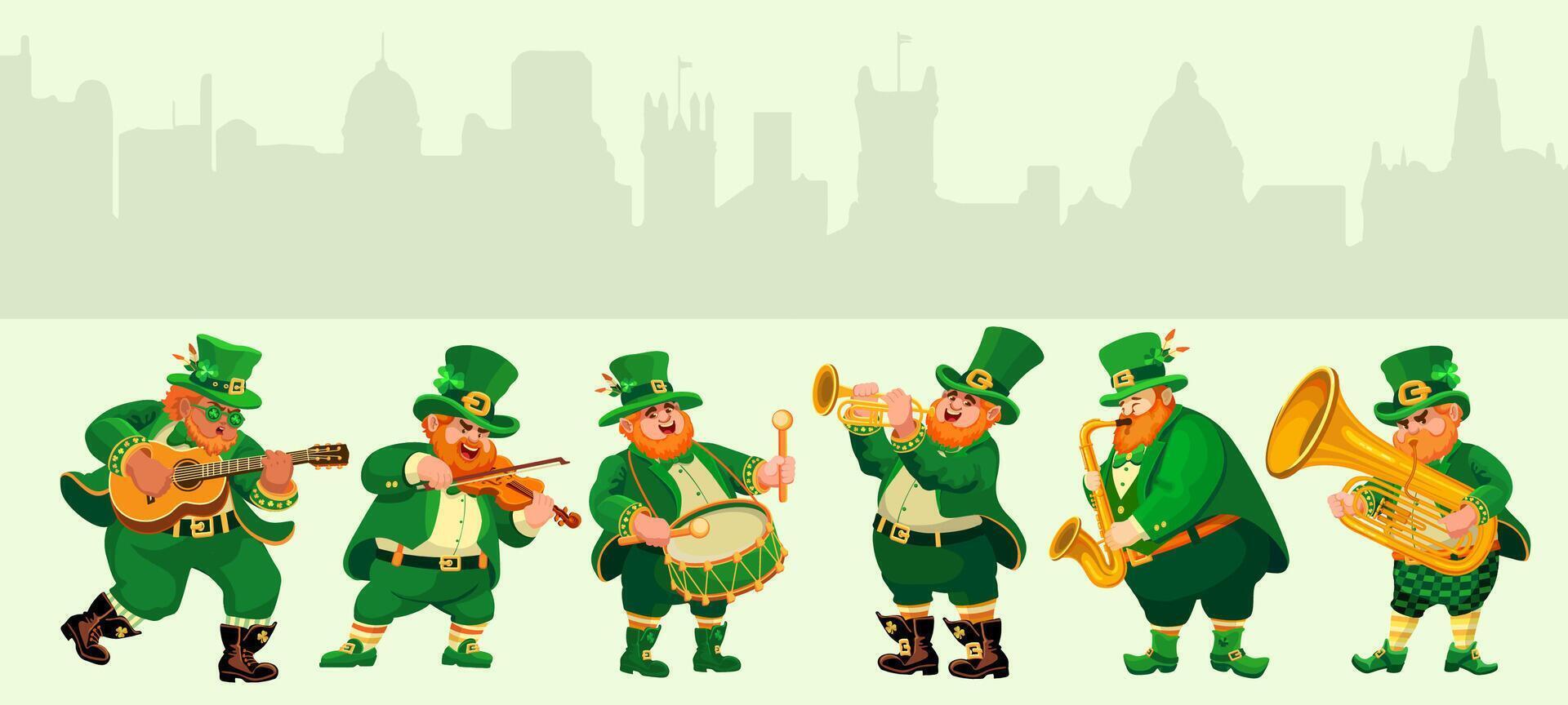 Funny musicians in leprechaun costumes. St. Patricks Day. Vector illustration.