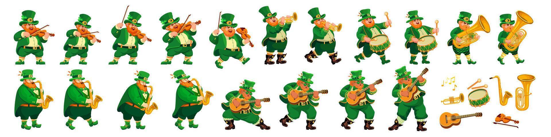 Funny musicians in leprechaun costumes. St. Patricks Day. Vector set.