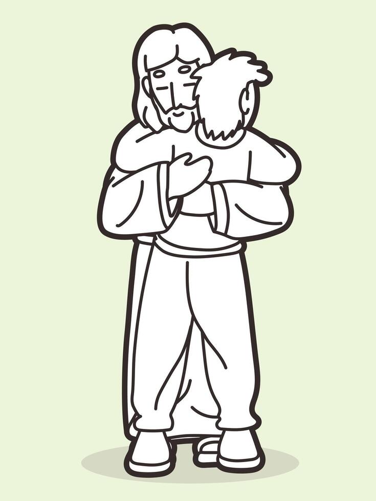 Jesus  Hugged a Man with Love and Comfort Cartoon Graphic Vector