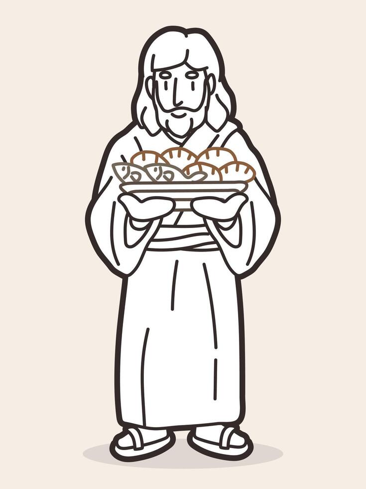 Jesus Holds Five Loaves and Two Fish Cartoon Graphic Vector