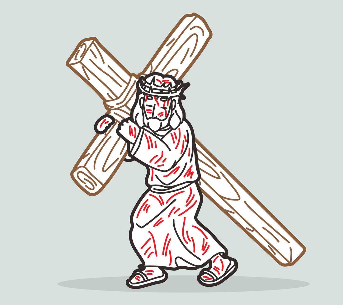 Jesus Carries the Cross with Crown of Thorns and Blood Cartoon Graphic Vector