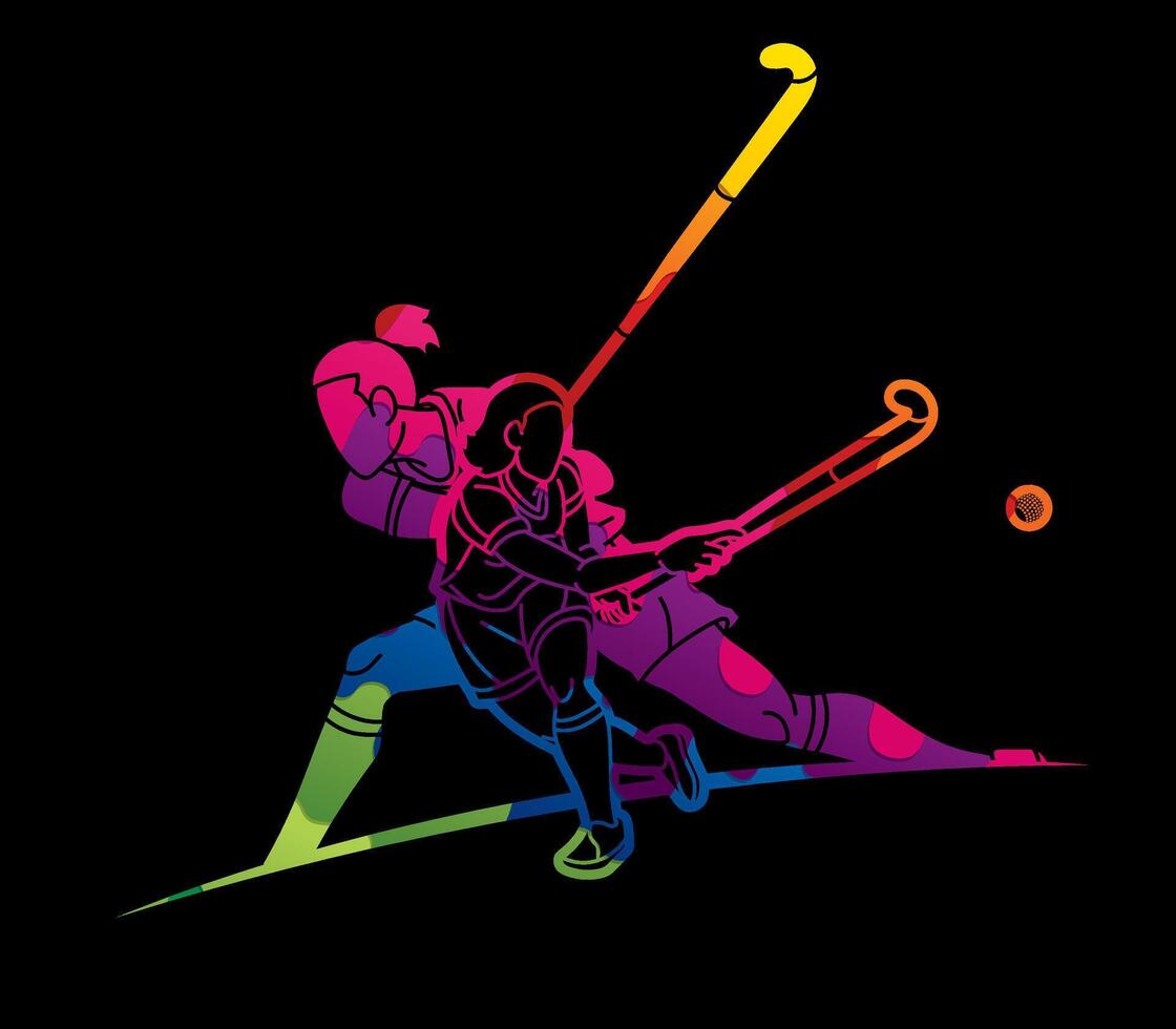 Graffiti Field Hockey Sport Female Players Mix Action vector