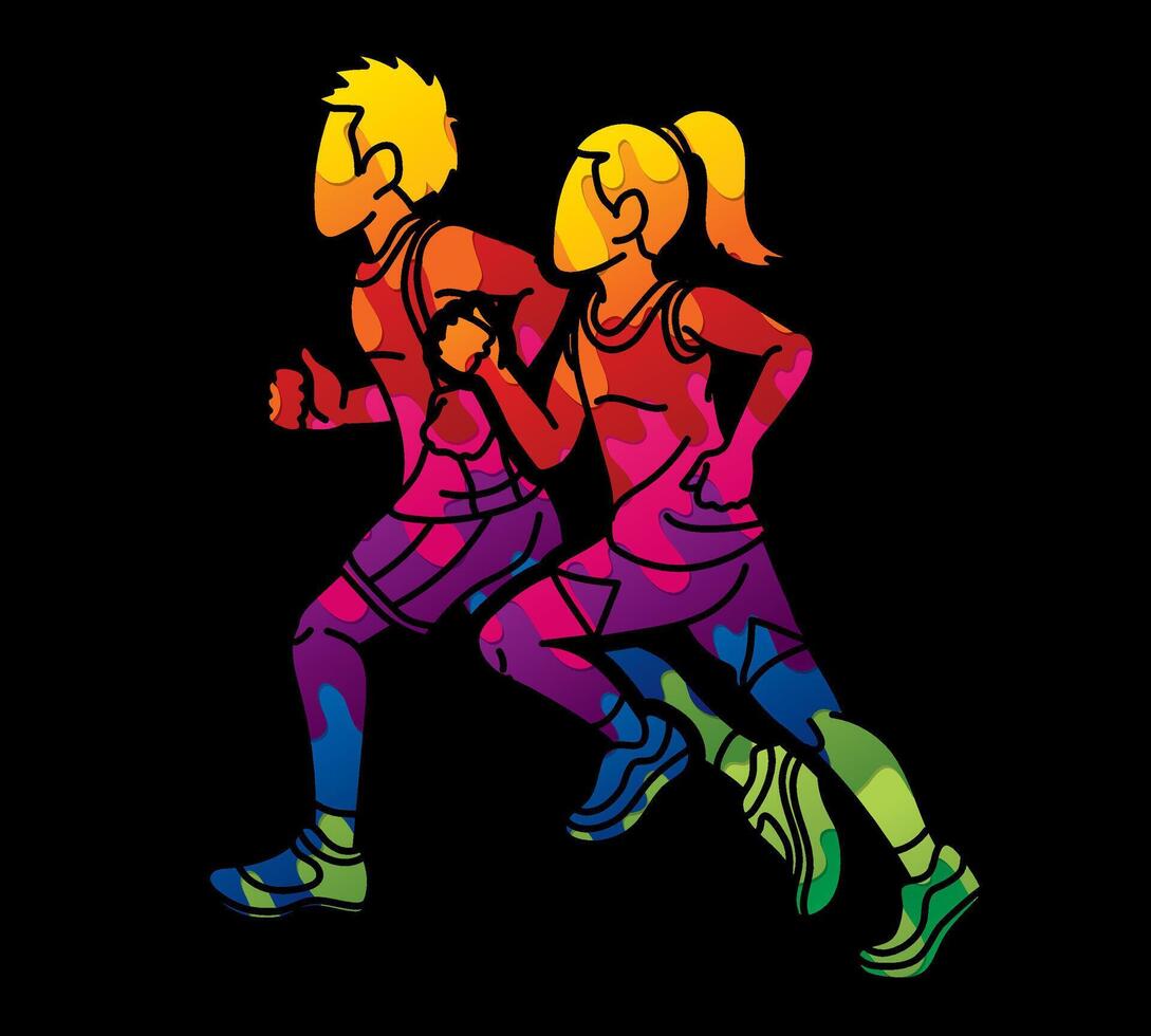 Boy and Girl Start Running Action Jogging Cartoon Sport Graphic Vector