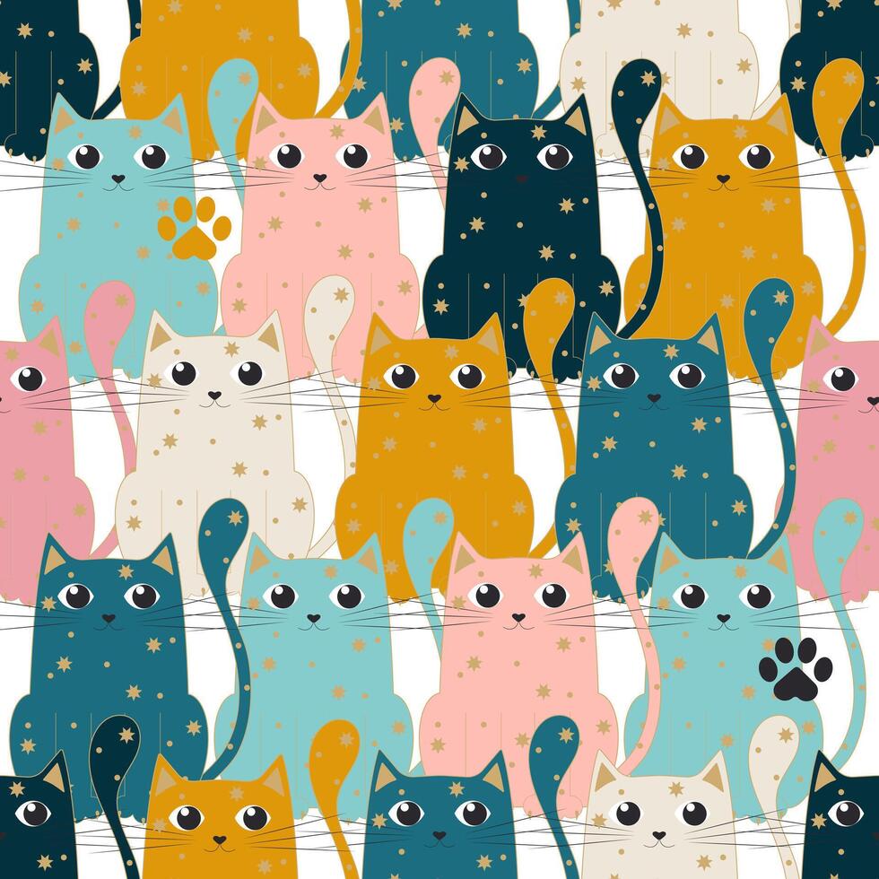 caprichoso brillante gatos con grande ojos crear un linda sin costura modelo para moderno telas, fiesta envase papel. vector. vector