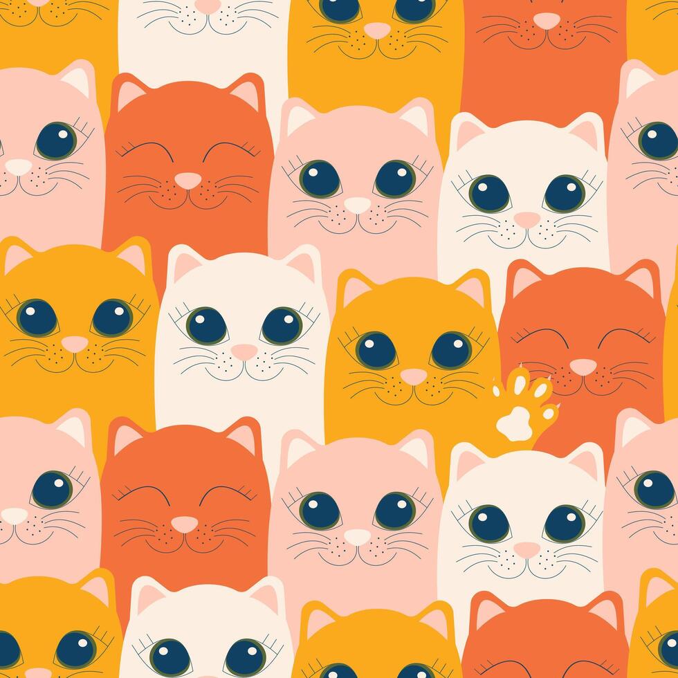 Emotional ginger autumn cats create a cute modern seamless pattern with pets for textiles. Vector. vector