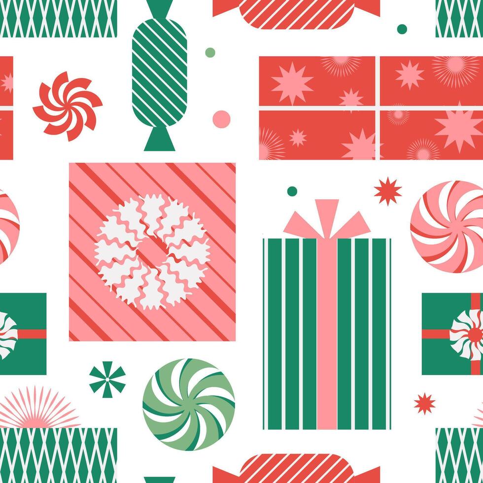 Christmas seamless pattern for holiday wrapping paper or modern New Year textile. Boxes with gifts, candies and lollipops form a New Year's composition. Vector. vector