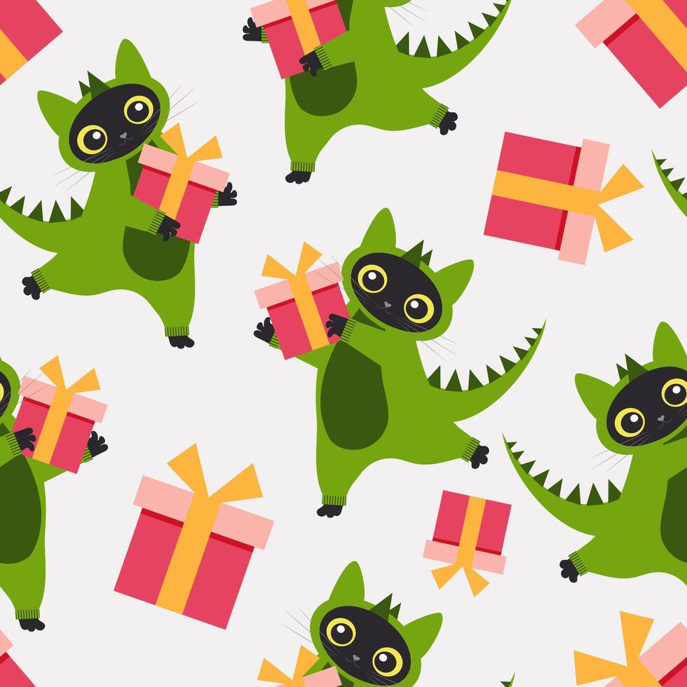 A cute cat in a dragon costume with gifts form a festive New Year pattern for wrapping paper, modern children's textiles. Vector. vector