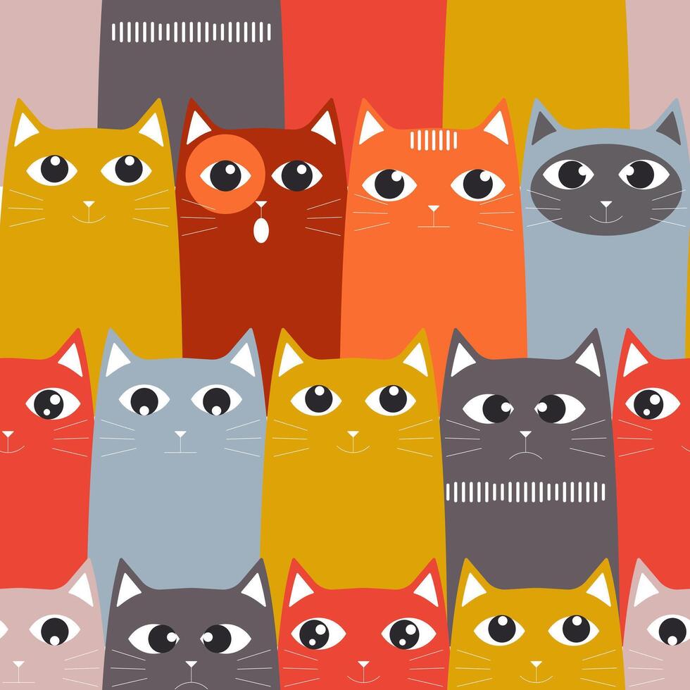 Emotional ginger bright cats create a cute seamless pattern. Contemporary print with pets for textiles. Vector. vector