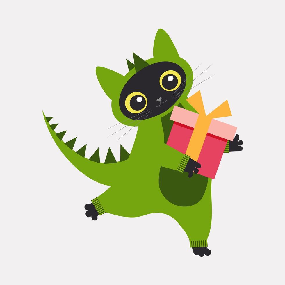 A cute black cat is dressed in a dragon costume and holds a box of gifts in his paws. Vector. vector