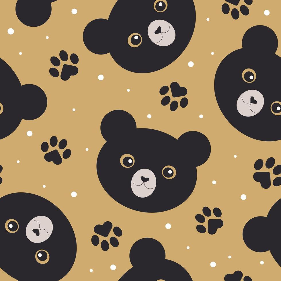 Quirky black cute bear heads create a cute seamless pattern on modern fabrics, holiday wrapping paper with brown background. Vector. vector