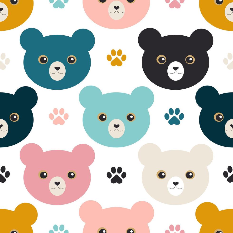 Whimsical bright bear heads of different colors create a cute seamless pattern for modern fabrics, holiday wrapping paper. Vector. vector