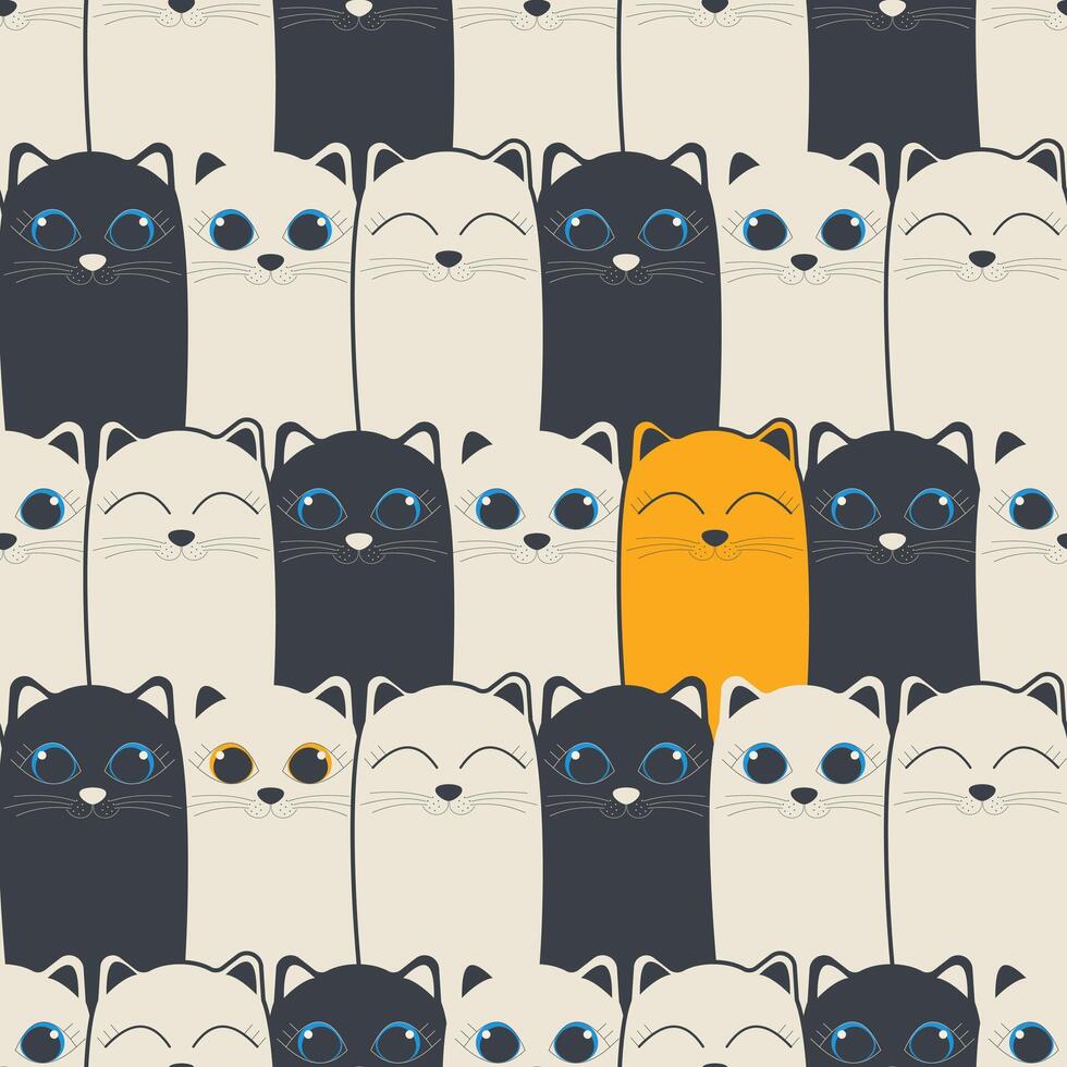 One ginger cat among white and black tails creates a cute contemporary seamless pattern with pets for textiles. Vector. vector