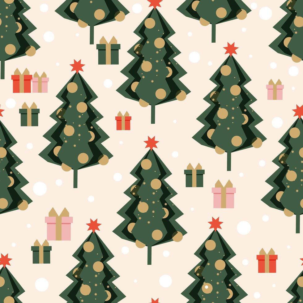 Green ornate Christmas tree with star forms a festive seamless modern pattern for textiles and wrapping paper. Vector. vector