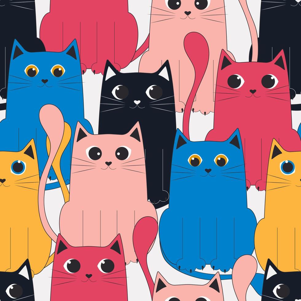 Whimsical bright cats with big eyes create a cute seamless pattern on modern fabrics, holiday wrapping paper. Vector. vector