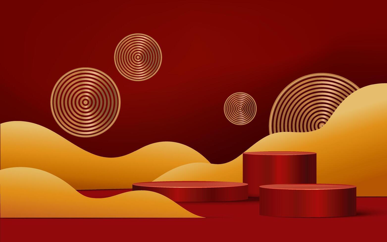 Realistic dark red and 3D cylinder pedestal podium with illuminated circle backdrop. Minimal scene for product showcase and promotion display. Abstract studio room platform. Happy Lantern Day. vector